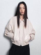 Glossy Leather Bomber Jacket_Ivory