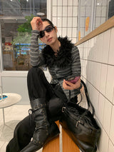 Black fur striped knit cardigan