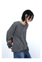 RELABEL (Vision) Lightweight, velvety-textured striped patchwork long-sleeved T-shirt with a wet-look finish, studded details and a scoop neck