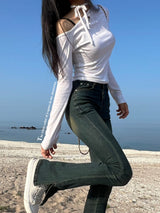 Unbuttoned off-shoulder halter strap long sleeve T-shirt (3 colors)