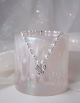バタフライフェアリーパールチョーカーネックレス - Silver Color