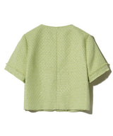 85-VIVAJ054 Pocket Fringe Crop Tweed Half Jacket Green