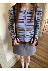 Blue stripe frill long-sleeved cardigan