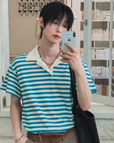 Summer Terry Stripe Collared Short Sleeve Tee