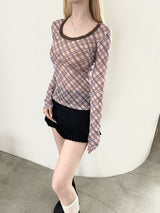 1464. チェックメッシュロングスリーブTシャツ (2color)