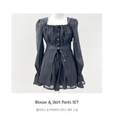 Ribbon puff strap blouse skirt pants setup SET (3 colors)