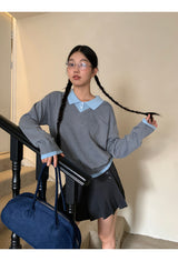 Collar Layered V-neck Long-Sleeved Knitwear