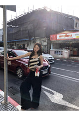 Lace Black Side Shirring Casual Pants