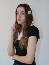 レースジップカラー半袖パフTシャツ(black)