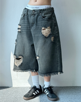 HEART CUPID DAMAGE WASH DENIM BERMUDA💙🖤 - 2 COLORS 2 SIZES