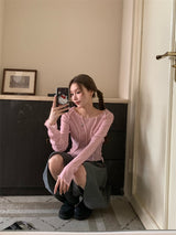 Back see-through lace long-sleeved T-shirt