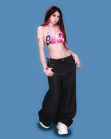 pink stone black denim pants