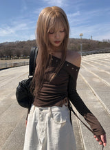 Denk Shirring Eyelet Crop Lip Neck T-shirt