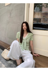 グリーンレイヤードVネックショートスリーブニットTシャツ