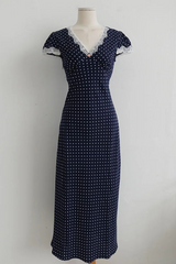 VINTAGE LACE-TRIM POLKA DOT MAXI DRESS