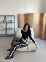 アンゴラ レースアップ クロップド ボートネック ロングスリーブ ニット Tシャツ (3 colors)