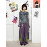 Printed ruffled check long-sleeved T-shirt