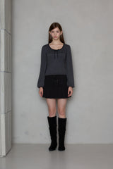 STRIPE RIBBON SHIRRING T-SHIRT