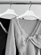 レースディテールVネックツイストロングスリーブTシャツ
