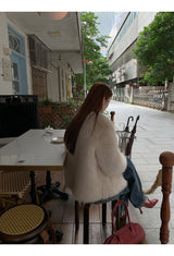 V-neck quilted ivory fur jacket