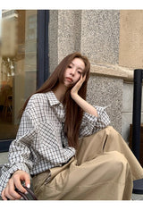 French checkered pocket loose fit long-sleeved shirt