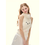 [GirlyFancyClub] Super Cute 3D dog face soft mink fur knit sleeveless high neck cold shoulder tank top