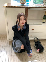 Checkered Shirt Layered Black Long-Sleeved T-Shirt