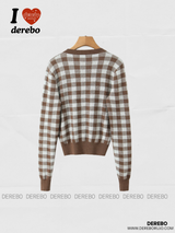 Brown V Checkered Long Sleeve Cardigan