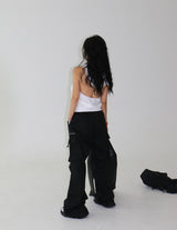 string zipper cargo wide pants