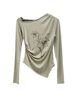 Ink Painting Flower One-Shoulder Off-Tee