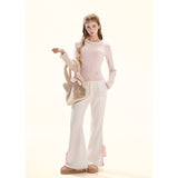 [GirlyFancyClub] cream puff*bow tie slit soft and glutinous hanging down slim mink woolen bell-bottom pants