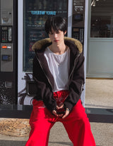 Amor brushed Raccoon Fur Hooded Zip-Up