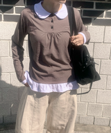 Round collar striped frill T-shirt