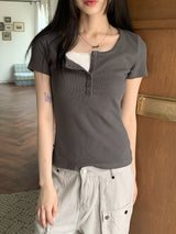 Thorton Half Button Basic Ribbed Short Sleeve T-shirt