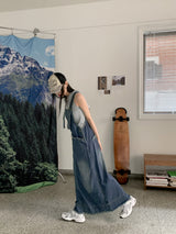 モンドナーフリンジポケットサスペンダーバックオープンロングデニムワンピース / Mondner Fringe Pocket Suspenders Back Open Long Denim Dress