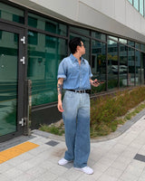 グラデーションデニムショートスリーブシャツ / GM Western Gradation Denim Short-Sleeved Shirt (M ~ L)