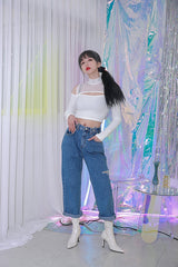 ジッパーショルダーメッシュクロップTシャツ/TOP(8304) Zipper Shoulder Mesh Crop Tee