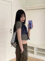 S-ヤングワッフルデニムカラーリングツーウェイクロップ半袖ジップアップ/S-young waffle denim coloring two-way crop short-sleeved zip-up