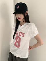 レタリング 半袖 Vネック Tシャツ・カットソー