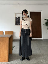 マーブルボタンポケットAラインロングデニムスカート/Muffled button pocket A-line long denim skirt