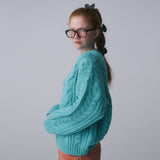 V-NECK CABLE KNIT PULLOVER, BLUE