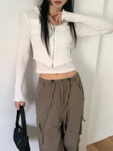Fixer ribbed pocket cropped hooded zip-up