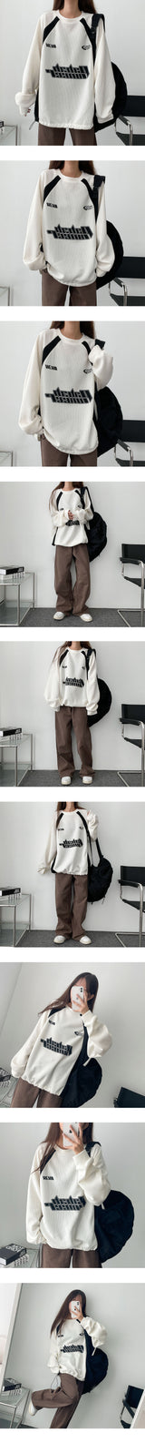 Chessey Hem String Coloring Loose Ribbed Sweatshirt