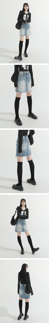Damage Washing Denim Skirt