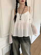 Keobing vintage V-neck buttoned lace strap adjustable sleeveless