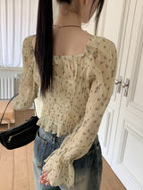 シフォンフラワーリボンストリング長袖ブラウス / Pyuti Chiffon Flower Ribbon String Long-Sleeved Blouse