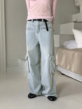 Washed Pocket Cargo Light Blue Long Wide Denim Pants