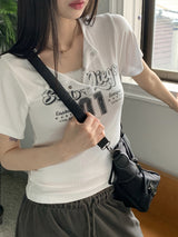 ビゼンY2Kレタリングスナップボタンリブクロップド半袖Tシャツ / Vizen Y2K Lettering Snap Button Ribbed Cropped Short-Sleeved T-Shirt