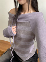 スエトンストライプストリングオフショルダーウォーマーTシャツ