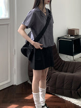 バオポケットVネックオープンカラークロップド半袖シャツ / Bao pocket V-neck open collar cropped short-sleeved shirt